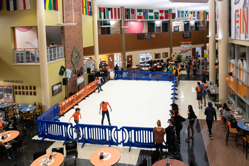 An indoor ice rink for an event in the Andorfer dining area