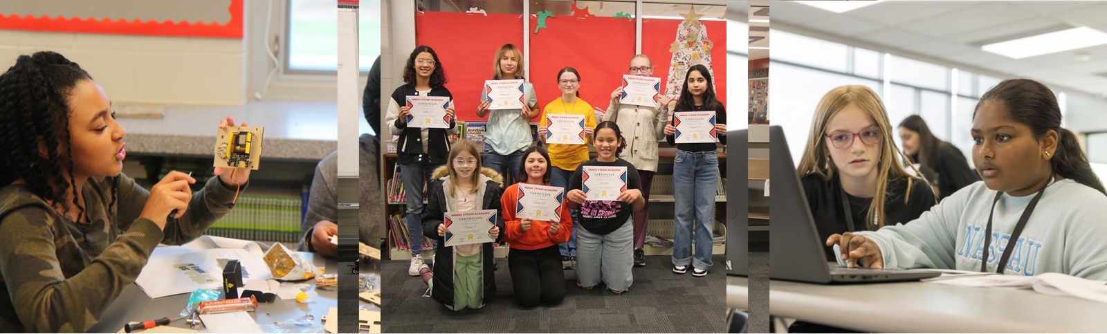 Collage of Girls Tech Takeover students working with circuit boards, holding certificates, working on a computer.