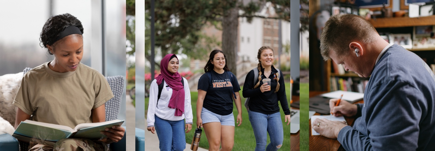 three pictures of a military student, traditional students on campus and an online student at home