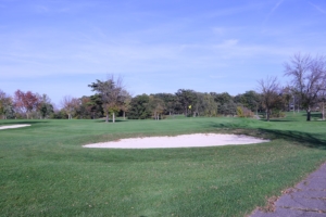 Manicured grass with a sandy area and a yellow flag on the Donald Ross Golf course