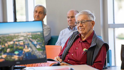 a senior citizen working on a computer