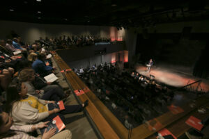 President Einolf presenting in the Multi-Flex theater