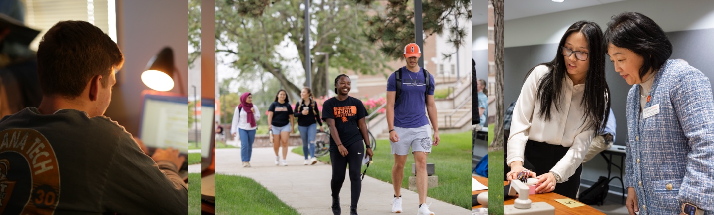 Collage of a student working at home, students walking on campus, and presenting a senior project