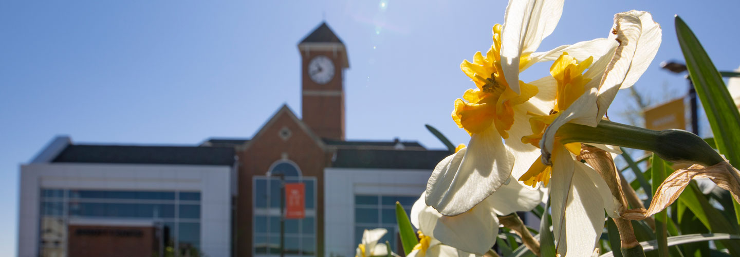 Spring flowers in front of Abbott Center