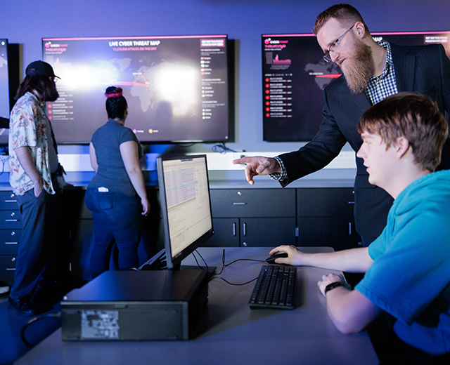 students working in Indiana Tech's cybersecurity center