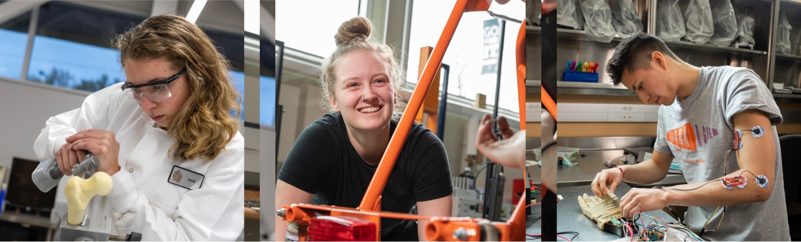 Collage of students doing biomedical and mechanical engineering work