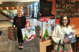 two young women students holding their donations for the food drive leading up to the inauguration of President Karl W. Einolf