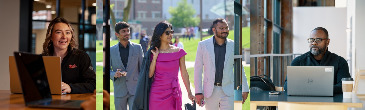 Collage of students Studying at desks and walking on campus after graduation