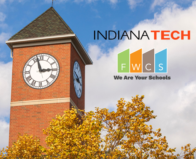 lockup of indiana tech and FWCS logos over top of the Abbott Center clock