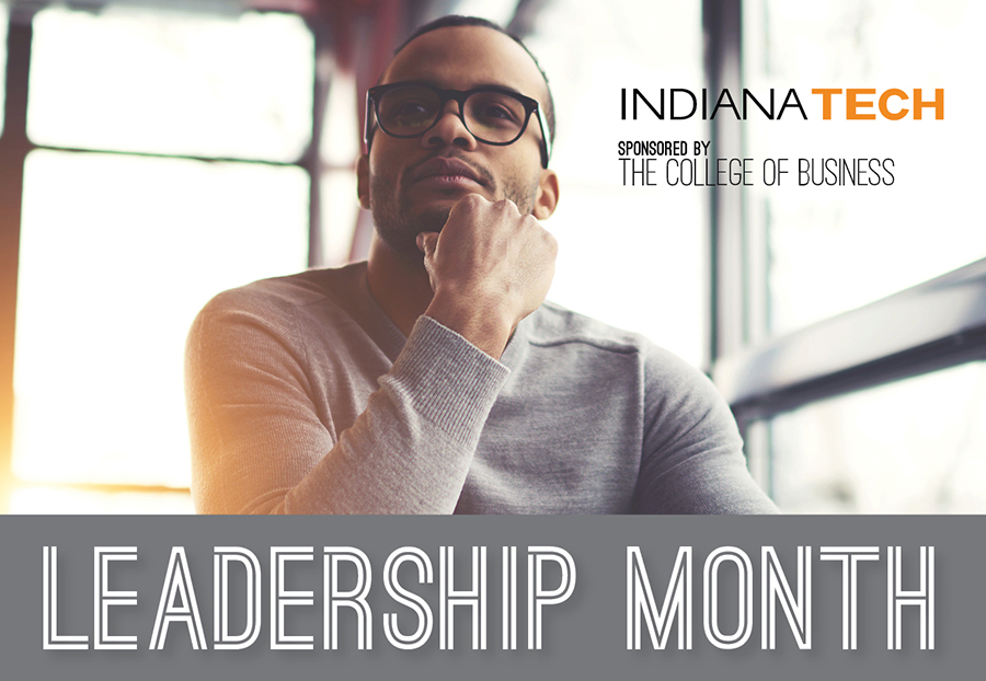 leadership month spotlight This is a photo of a contemplative man used to promote Indiana Tech Leadership Month activities.