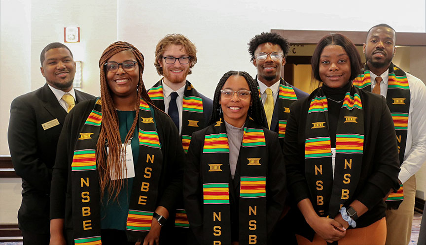 From Left to Right:Alumni and NSBE Professional Desmond Jones, and Seniors Jordyn Hartfield, Jacob Ritchie, Olaide Olapade, Darrell Martin, and Tanya Chiwara.