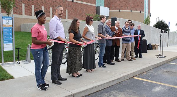 this is a photo of the ribbon cutting for the indiana tech bike share station