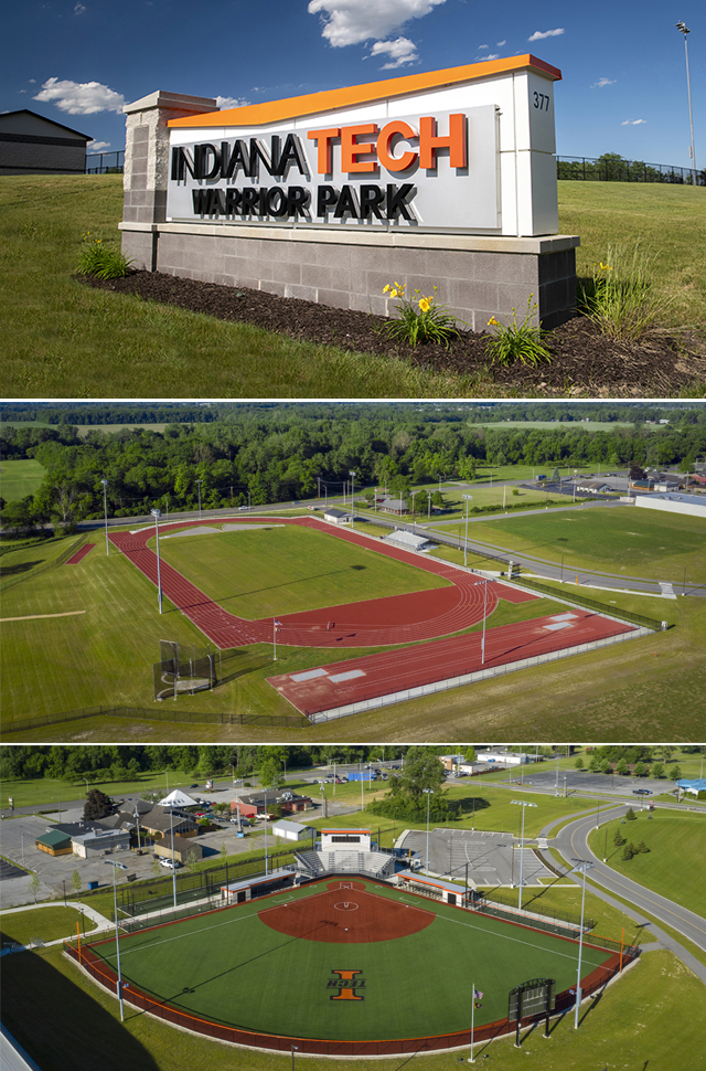 warrior park collage showing sign, track and softball field