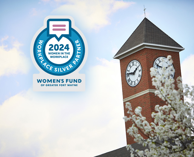 women's fund badge and indiana tech building lockup