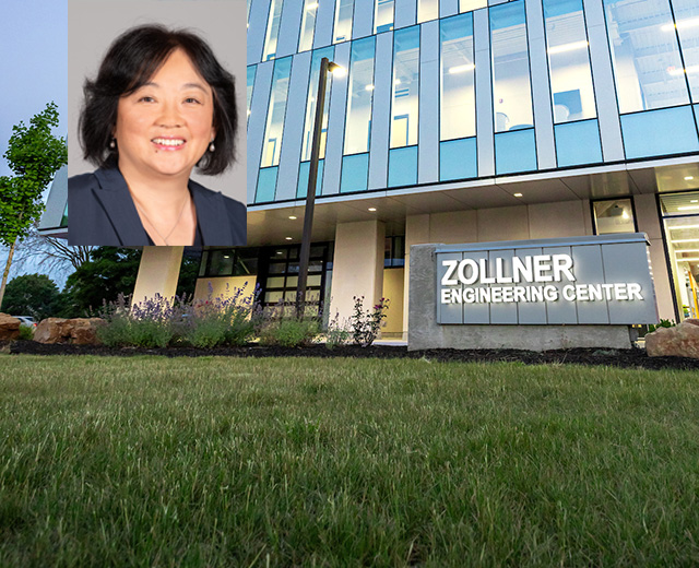 photo of new Talwar College of Engineering and Computer Sciences dean Dr. Lucy Yang locked up with Zollner Engineering Center exterior
