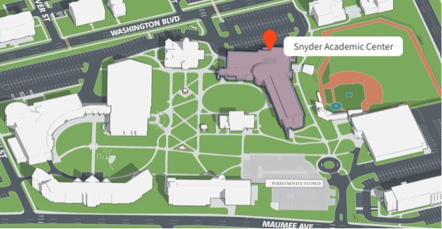 Map showing the Writing Center in the Snyder Academic Center